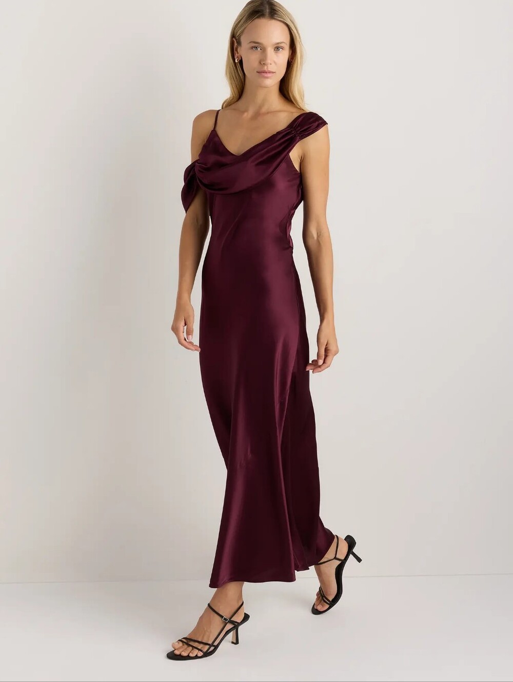 Quince Washable Silk Draped Shoulder Maxi Dress Wine Tasting Red Size Small NWT